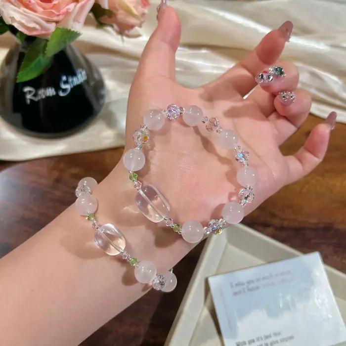 Bracelet en quartz rose naturel/quartz clair à brin unique pour femmes