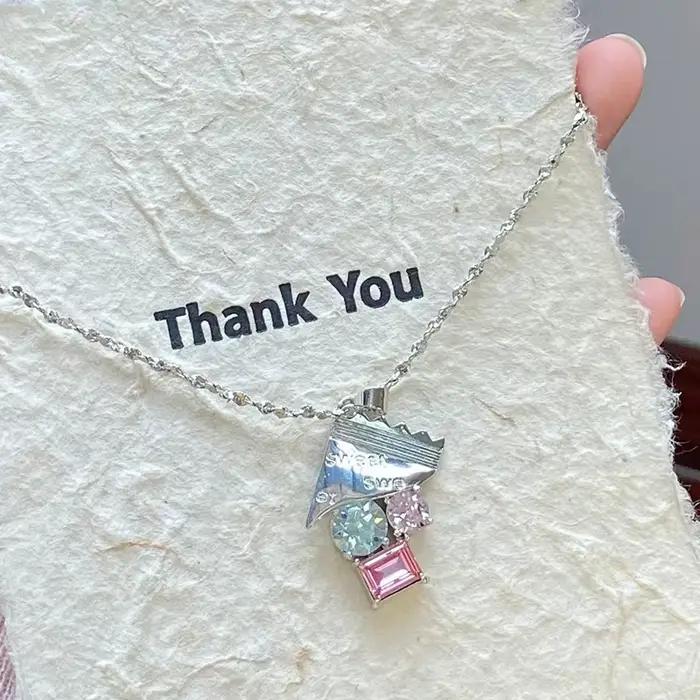 ANENJERY – collier avec pendentif en Zircon rose et bleu pour femmes, chaîne de clavicule, Design de luxe délicat et doux, bijoux cadeaux, vente en gros