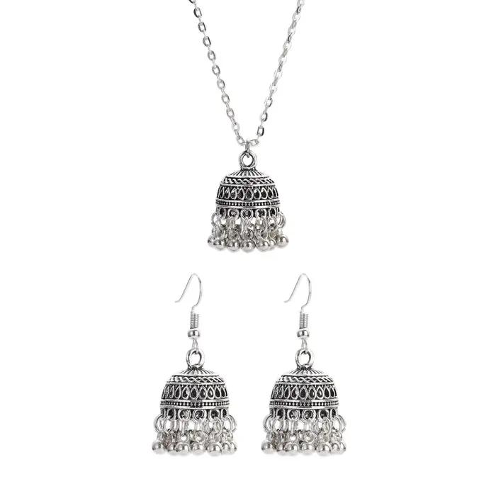 Ensemble de bijoux de mariage ethnique indien pour femmes avec collier et boucles d'oreilles en alliage de zinc, style bohème cloches sculptées pour occasions spéciales