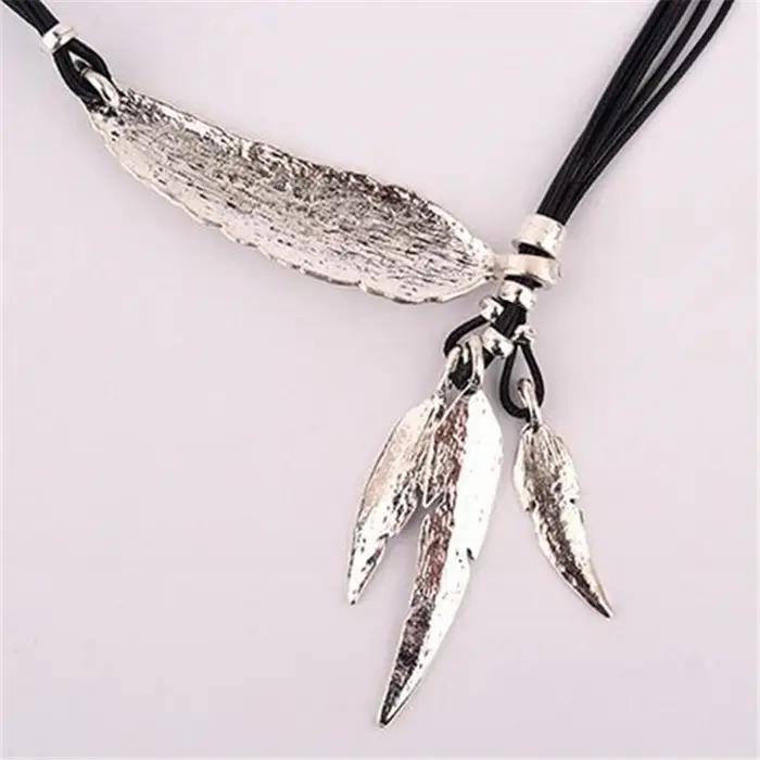 Collier Femme plume colliers et pendentifs corde en cuir Vintage Maxi Colar pour déclaration