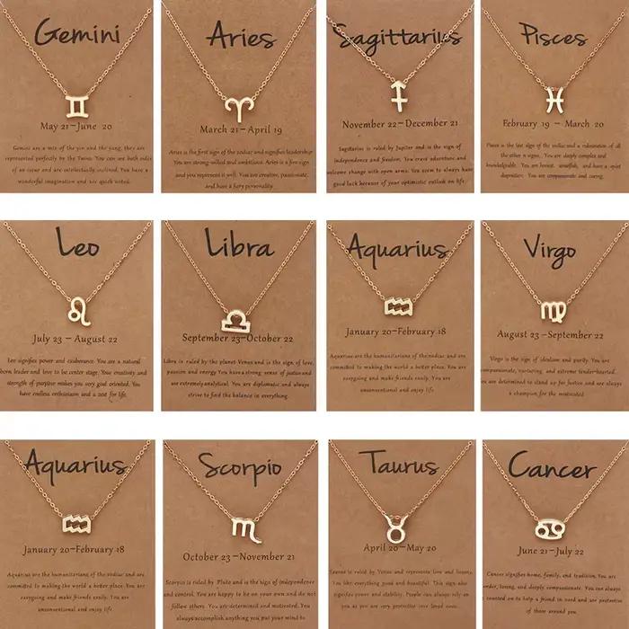 Collier avec 12 signes du zodiaque pour femmes, 1 pièce, 12 constellations, chaîne à breloques, pendentif ras du cou, bijoux d'anniversaire avec carte en carton