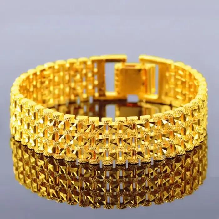 Dynar Jewelry - Bracelet de luxe en or pur 24 carats 9999, chaîne de montre à trois rangs, bracelet généreux pour homme, tendance