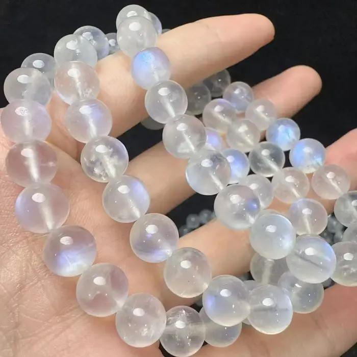 Bracelet de perles rondes en pierre de lune bleue transparente naturelle AAAAA