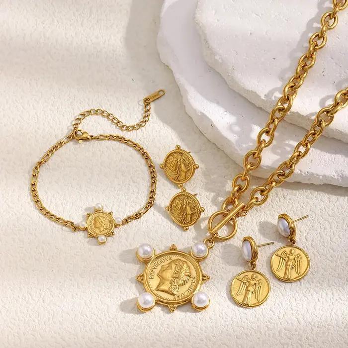 316L acier inoxydable perle ange reine collier Hip Hop étanche ensemble de bijoux femmes 18K plaqué or accessoires