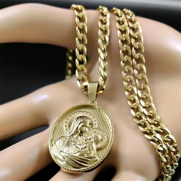 Collier médaille vierge marie et bébé pour hommes et femmes, pendentif religieux géométrique, en acier inoxydable, couleur or, bijoux ZZ453