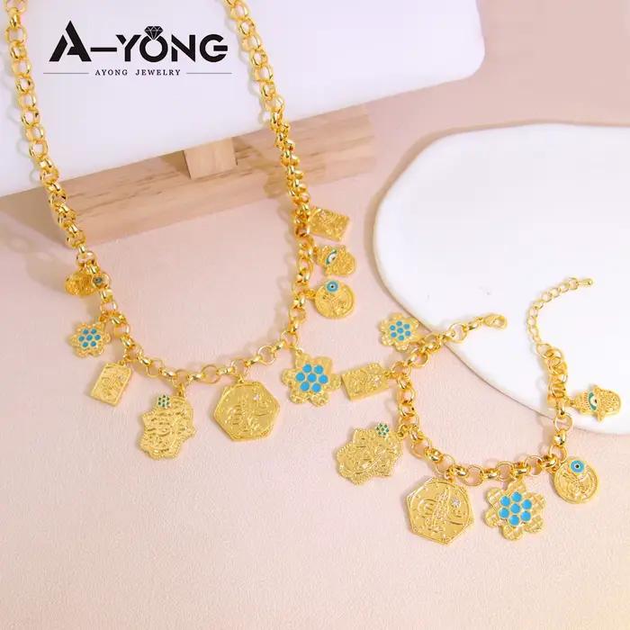 Parure de bijoux hip-hop arabe plaqué or 21 carats, style Bollywood, collier et bracelet punk, pour
