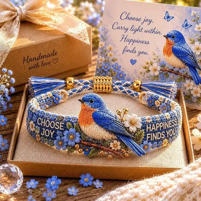 Bracelet tressé ajustable avec broderie bohème, motif oiseau bleu, fleur marguerite et pompon, bijou