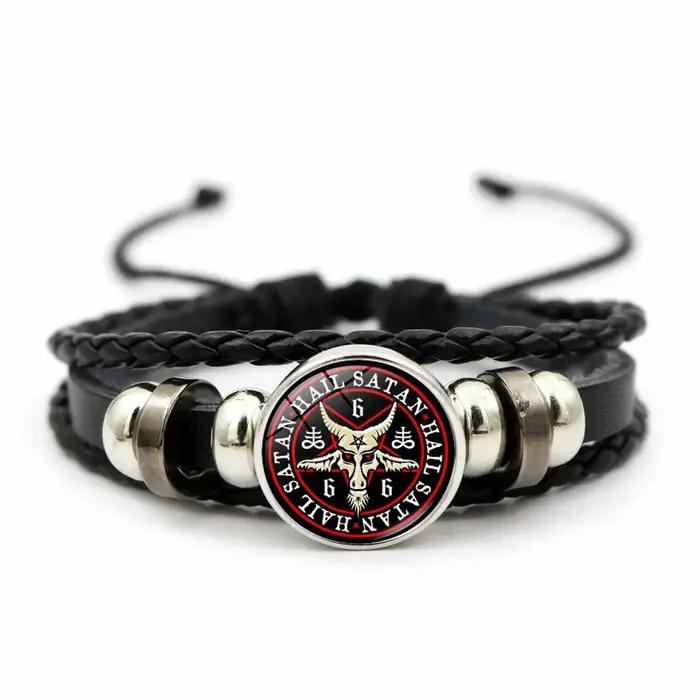 Bracelet satanique Lucifer Satan Baxter pendentif en verre Bracelet tricoté en cuir fait à la main multicouche perlé cadeaux artisanaux
