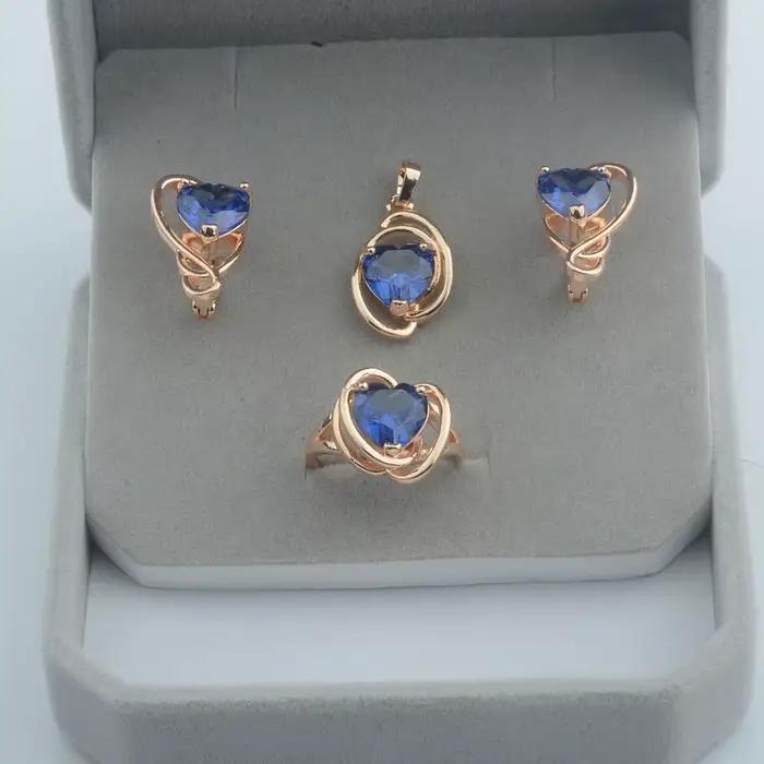 Ensemble de bijoux pour femmes, couleur or Rose, cœur bleu, Zircon cubique, pendentif et bagues, 585