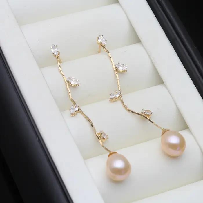 Boucles d'oreilles en perles d'eau douce cultivées plaquées or pour femmes, style classique, idéal pour les occasions spéciales, anniversaire, fête, blanc, rose, violet, gris, noir