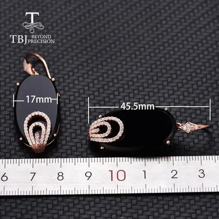 TBJ, vogue crochet longue boucle d'oreille 26.4ct naturel noir agate onyx 925 argent sterling or rose pierre précieuse