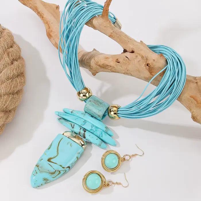 Ensemble de bijoux occidentaux tendance, collier et boucles d'oreilles fantaisie en imitation turquoise et corde cirée, accessoires de fête pour femmes