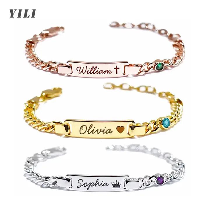 Bracelet personnalisé en acier inoxydable plaqué or 18 carats avec gravure nom pour bébé