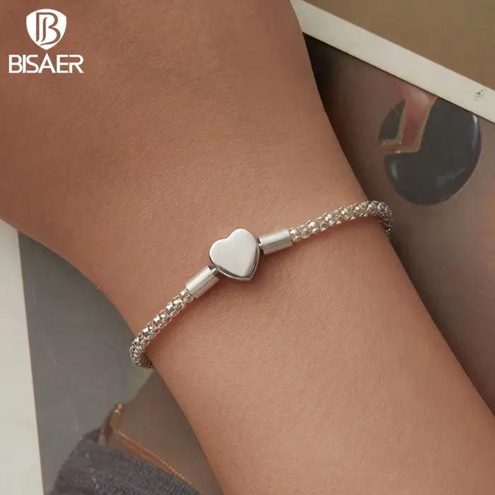 BISAER réel 925 en argent Sterling coeur Bracelet de base amour étoilé Bracelets pour femme breloques perles bricolage bijoux fins EFB209