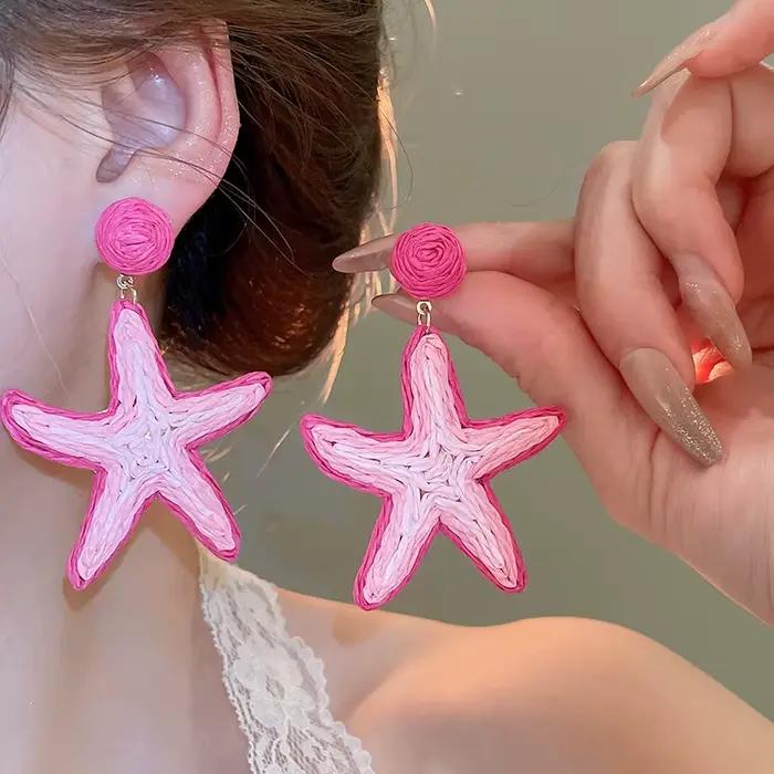 Boucles d'oreilles pendantes en raphia tressé pour femme, motif étoile de mer et fleur, bijoux d'oreille originaux pour vacances à la plage K