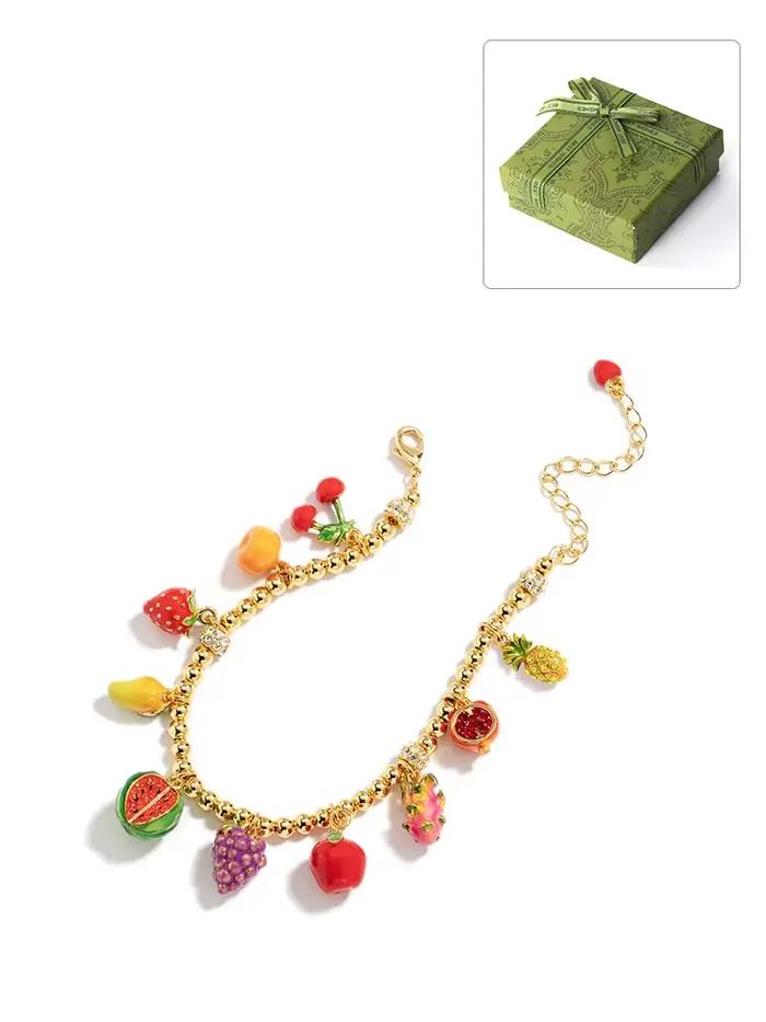 Bracelet plaqué or véritable 18 carats avec fruits émaillés, raisin juteux, Harvey, ananas, neutre d