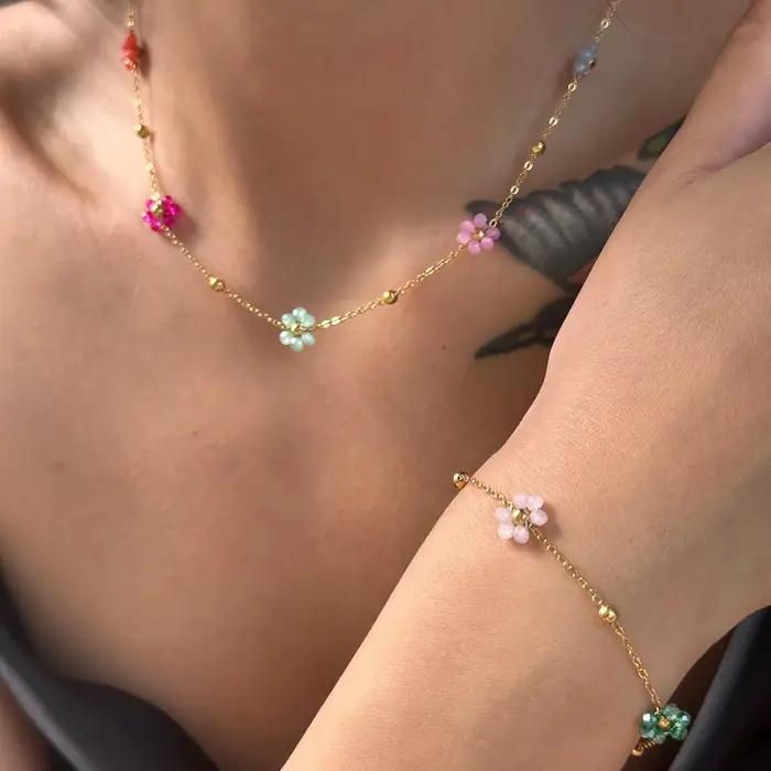 Bracelet de cheville en acier inoxydable plaqué or 18 carats étanche pour femme, bracelet de rinçage, fleur rose colorée, bijoux Boho d'été