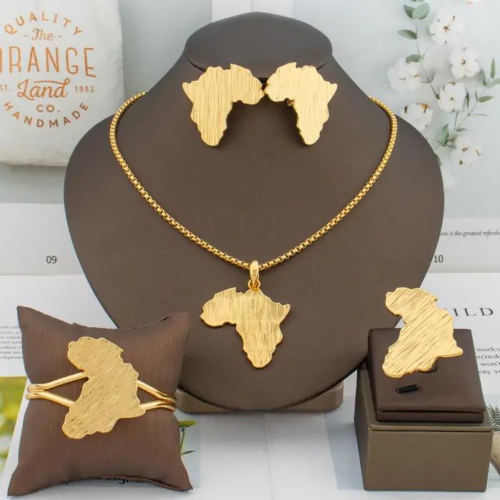 Ensemble de bijoux couleur or dubaï, chaîne Design carte africaine, boucles d'oreilles pour femmes,