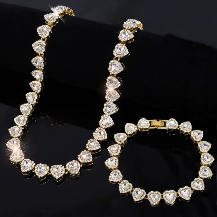 Ensemble de bijoux en forme de cœur brillant en zircone cubique pour homme et femme, style Hip Hop Rock, idéal pour les occasions spéciales