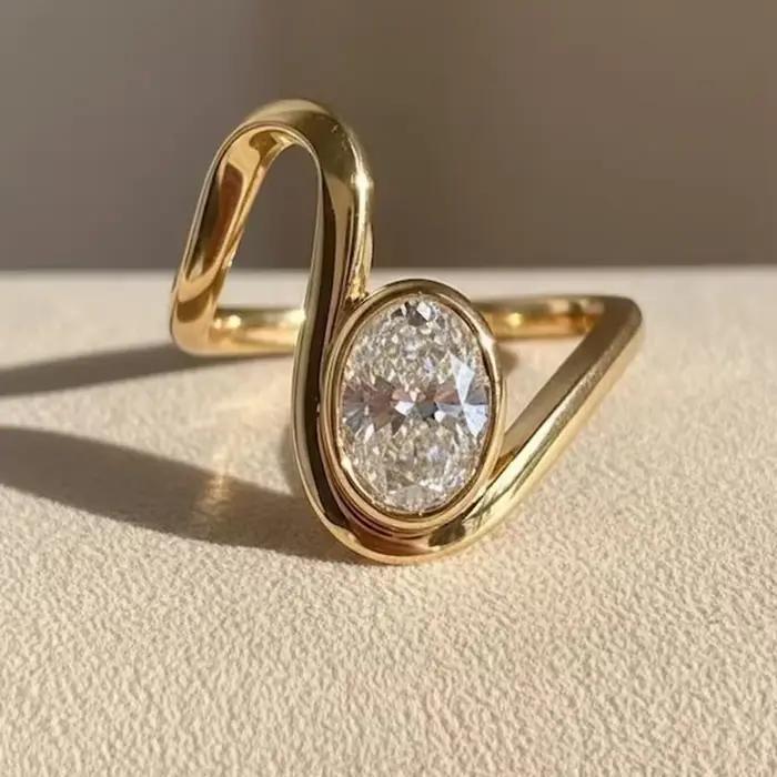 Nouvelle bague solitaire ovale en CZ, plaquée or 14 carats, bande torsadée, style minimaliste, bague