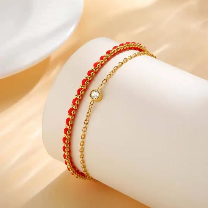 Bracelet Porte-Bonheur en Corde Rouge et Métal Plaqué Or Brun Rougeâtre pour Femmes Occasions Spéciales Mémorables Tendances Bijoux Cadeaux
