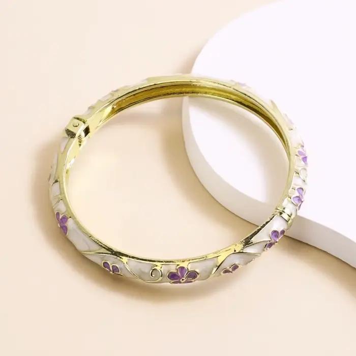 Bracelet en émail à fleurs pour femmes, style bohème ethnique, cloisonné, plaqué or, bijoux de luxe