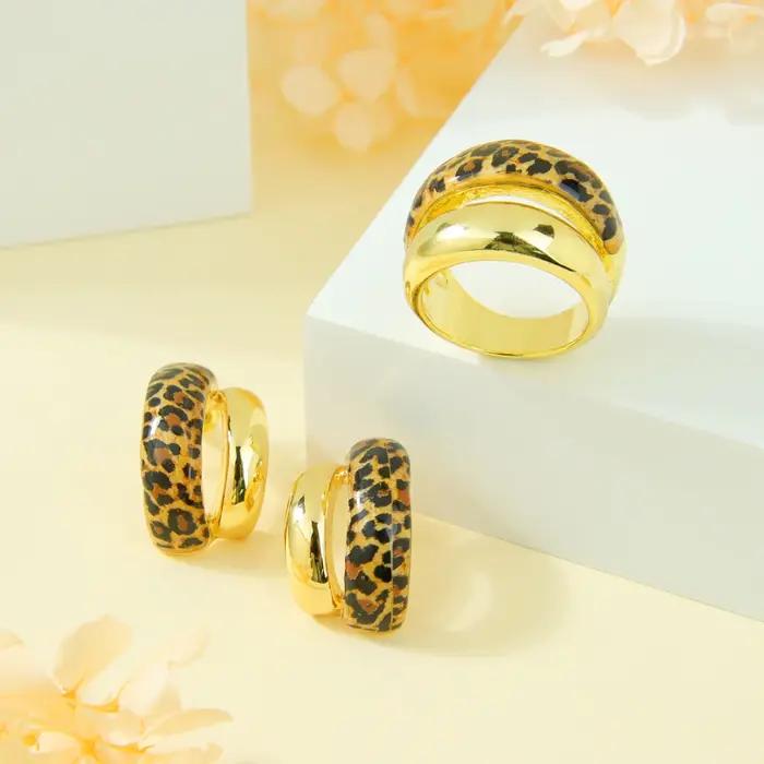 Ensemble de bijoux léopard de mode italienne, boucles d'oreilles et bagues volumineuses de haute qua