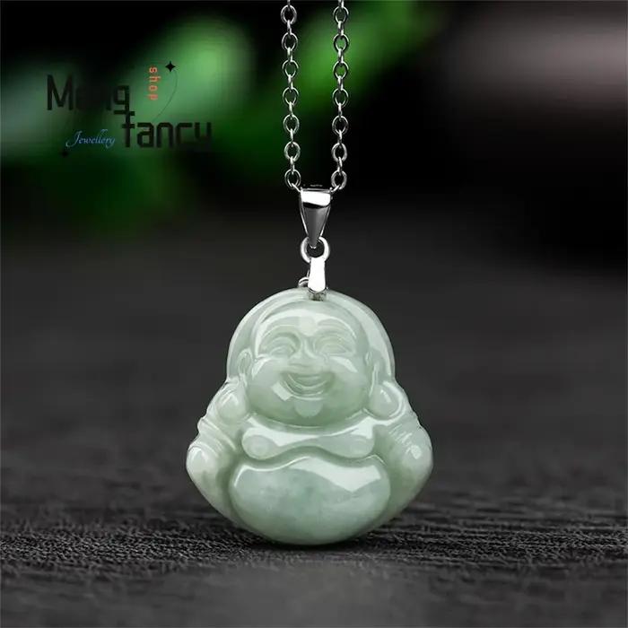 Collier en argent S925 naturel Myanmar a-goods jadéite vert clair pendentif bouddha Maitreya exquis meilleure vente bijoux de mode