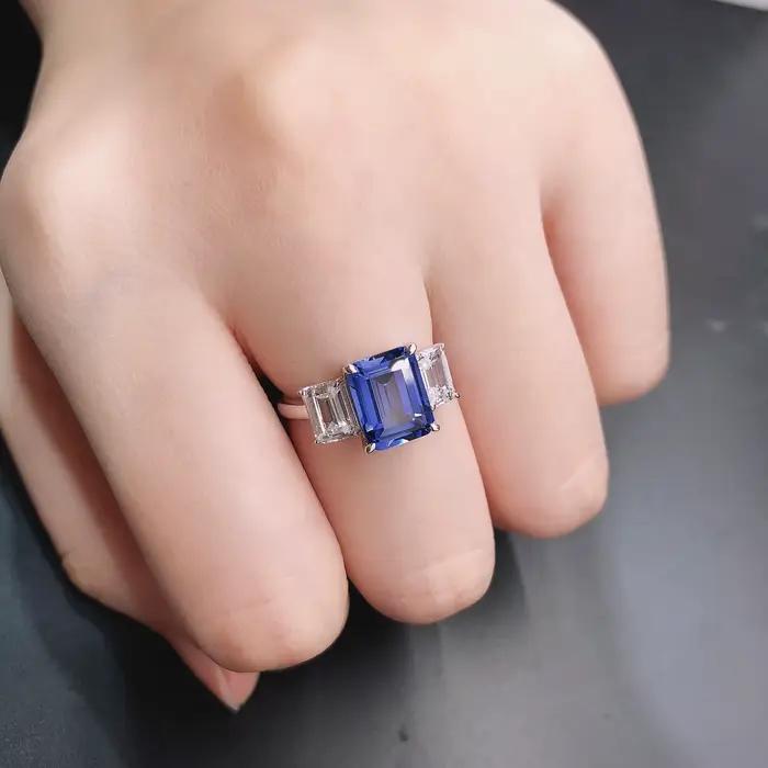 Bague de fiançailles en diamant bleu de laboratoire, or blanc massif 14 carats 585 taille émeraude 3 carats alliance de mariage romantique pour engagement et cadeau spécial