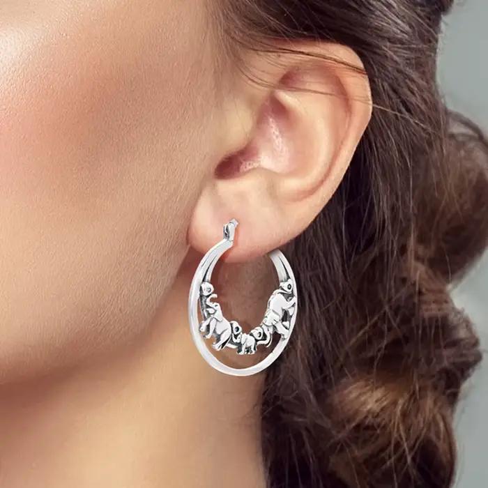 Boucles d'oreilles en argent Sterling 925 pour femmes, famille d'éléphant scintillant, Double couche, cerceau pour anniversaire, bijoux cadeaux de mariage