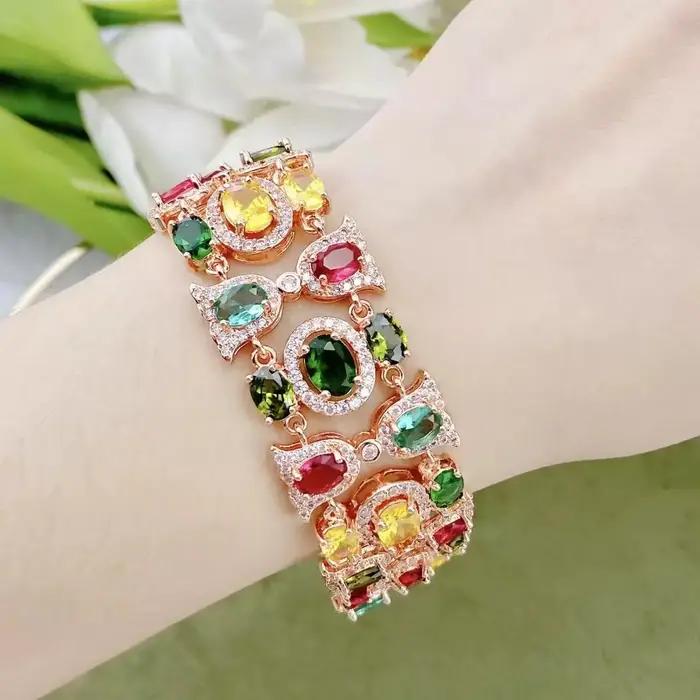 Ensemble de bracelet et bague en zircon multicolores de couleur or rose luxueux pour femmes et filles, accessoire de mariage élégant
