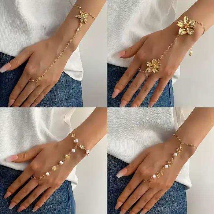 Bracelet de doigt pour femme, série Océan d'été, motif fleur, étoile de mer, perle, couleur or, bijou de main tendance pour les vacances, accessoire cadeau