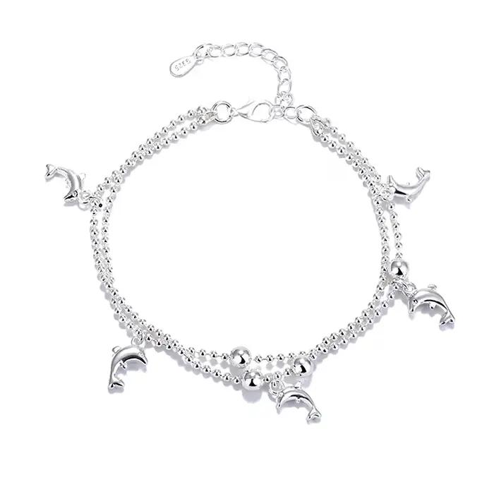 Nouvelle mode dauphin pendentif petite boule ronde perle Bracelet de cheville 925 en argent Sterling dauphin chaîne de cheville pour les femmes bijoux cadeau