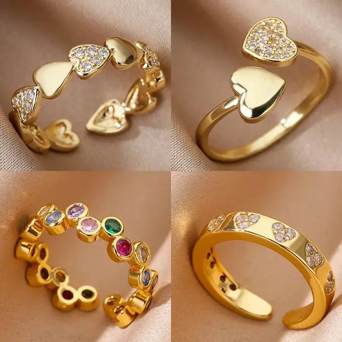 Bague en acier inoxydable plaqué or avec zircon en forme de cœur pour femmes, alliance de mariage de luxe, bijou de couple pour célébrations romantiques