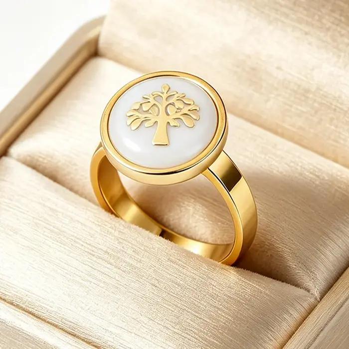 Bague Arbre de Vie en acier inoxydable avec motif d'arbre et émail blanc pour femmes, alliance de mariage, cadeau d'anniversaire, bijou tendance pour toutes les occasions