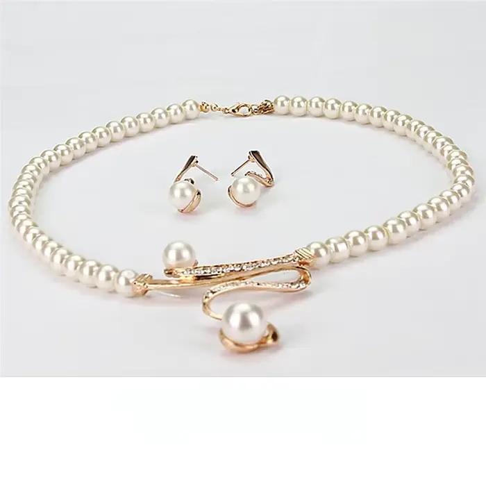 3 pièces/ensemble femmes mariée élégante fête de mariage perle strass collier boucles d'oreilles ensemble de bijoux nouvelle mode