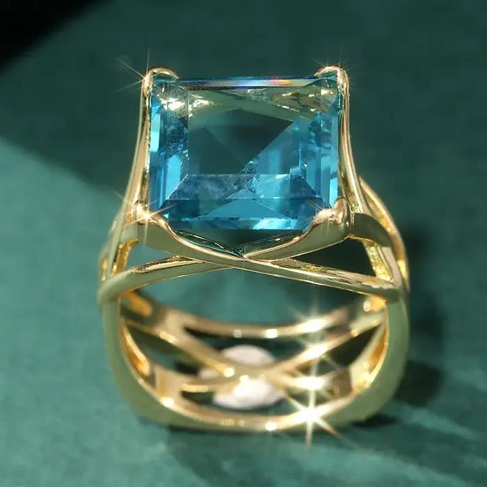 Bague ajourée sertie de zirconium bleu en plaqué or 14k pour femmes romantique cadeau de fiançailles alliance de mariage occasions spéciales