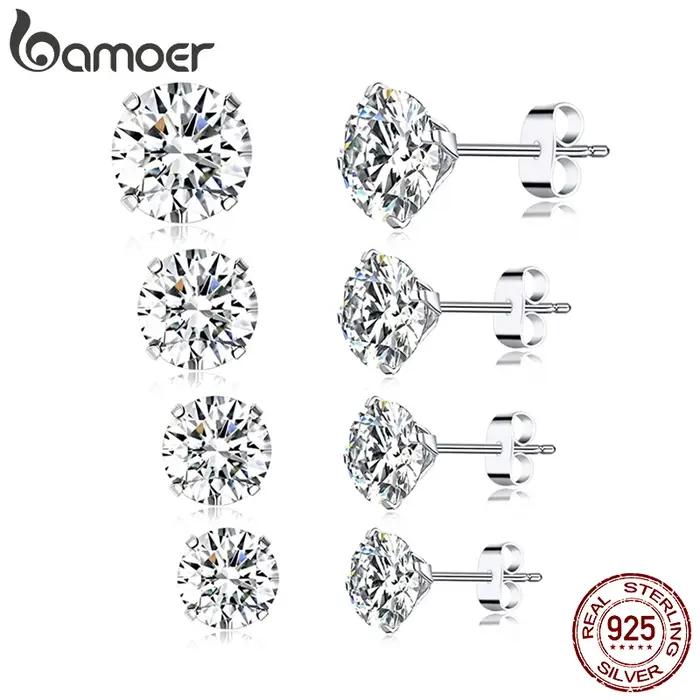 Bamoer CZ Boucles d'oreilles à tige en argent sterling 925 plaqué platine rond zircon cubique hypoallergénique