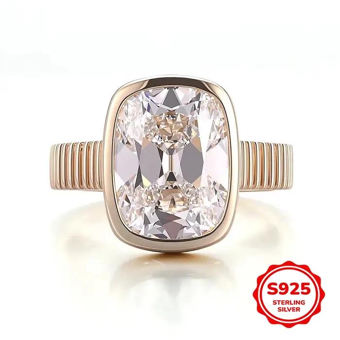 Bagues de fiançailles en or rose massif 18 carats pour femmes, avec moissanite taille coussin allong