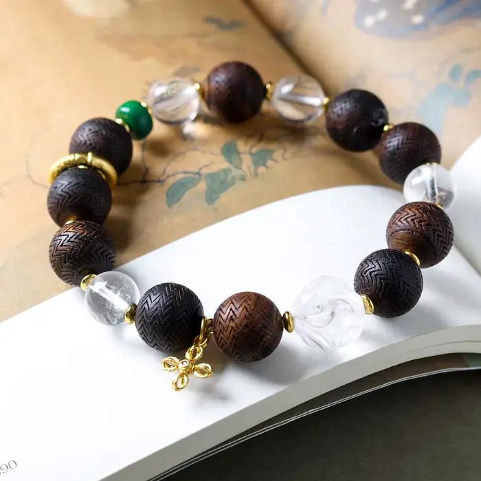 Bracelets en perles de cristal blanc naturel et d'agarwood pur, Mala traditionnel pour poignet, cadeaux pour hommes et femmes