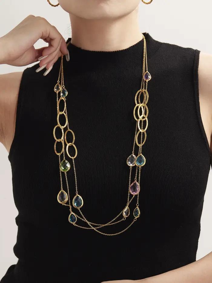 Collier chaîne de pull longue en acier inoxydable plaqué or avec gouttelettes brillantes et pierre de verre à facettes pour femmes occasions spéciales