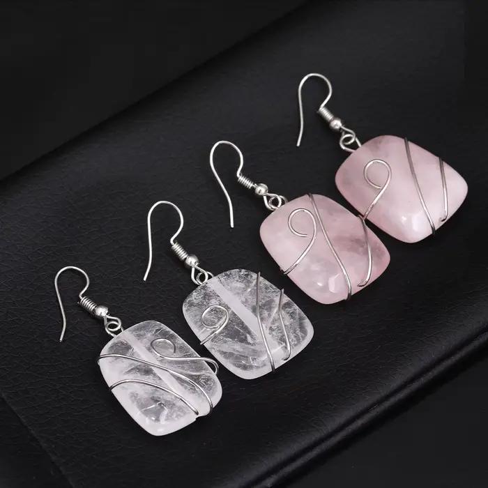 Boucles d'oreilles en pierres précieuses carrées en soie avec jade naturel améthyste cristal blanc obsidienne pour femmes occasions spéciales