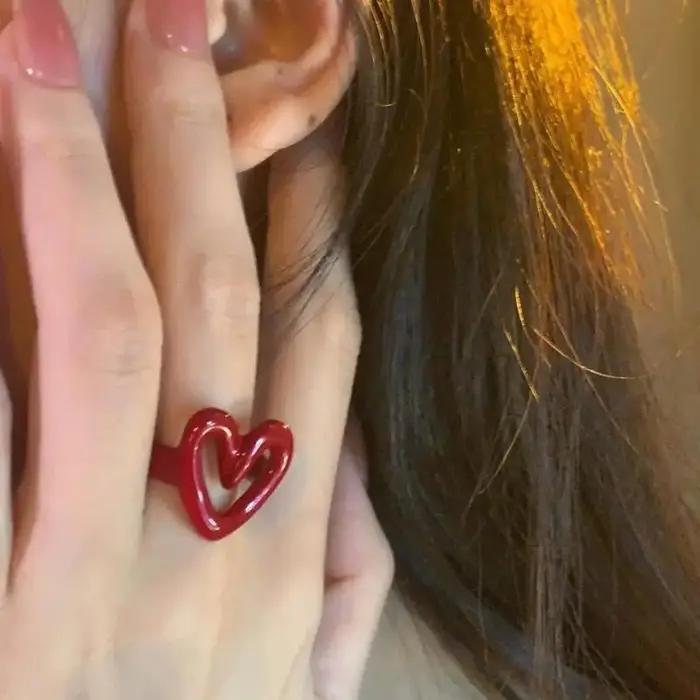 Hiphop Punk rouge émail coeur amour anneaux pour femmes mode géométrique ouvert dégoulinant huile anneau Y2K été Couple bijoux cadeaux