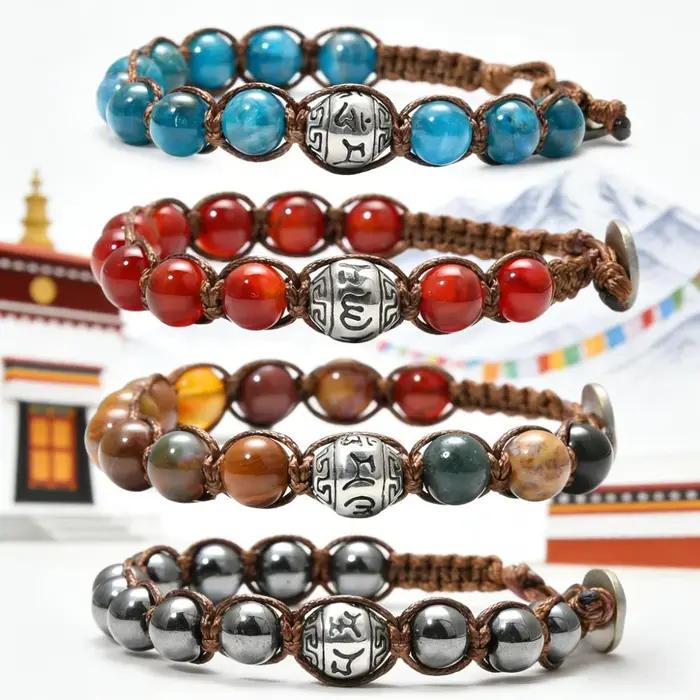 Bracelet en pierre naturelle tressée de culture tibétaine avec nœud de protection multicolore pour hommes et femmes pour occasions spéciales ethnique traditionnel