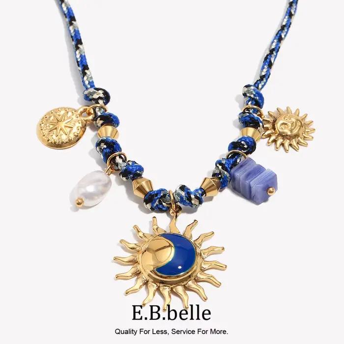 Collier à breloques soleil bleu en acier inoxydable plaqué or 18 carats pour femmes styles bohémiens occasions spéciales
