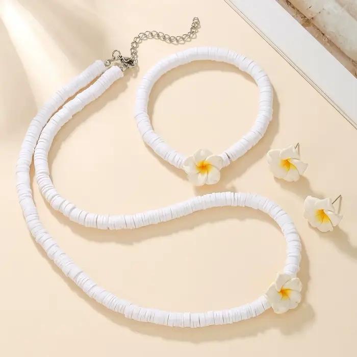 Ensemble de bijoux bohème chic, chaîne en corde tressée, élégant bracelet à grandes fleurs en perles d'argile, portable et coloré