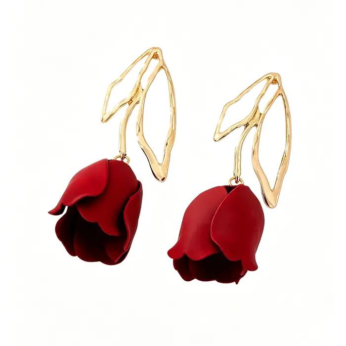 Boucles d'Oreilles Pendantes en Forme de Rose Vin Rouge Pour Femmes Usage Quotidien Vacances Cadeau Fête