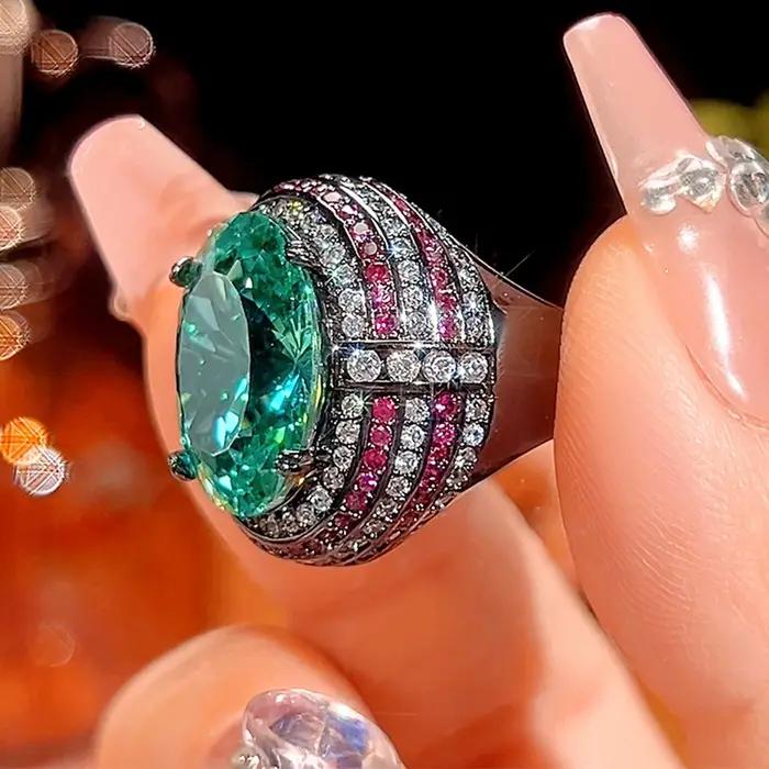Bague en Tourmaline Paraiba Ovale Créée en Laboratoire Bague de Mariage Ouverte Réglable Pour Fêtes Spéciales
