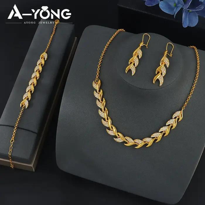 Ensemble de bijoux Habesha plaqué or 21 carats avec feuilles de zircone brésiliennes collier bracelet boucles doreilles pour femmes occasions spéciales
