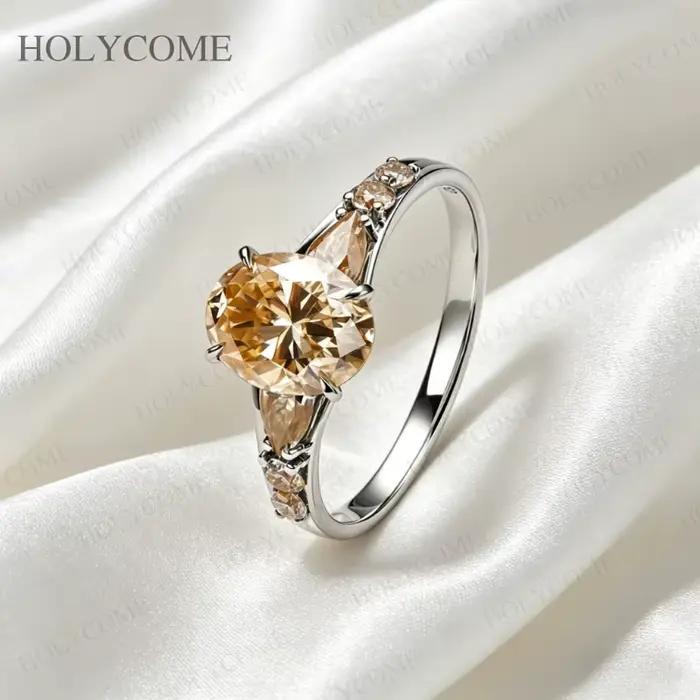 Bague en argent sterling 925 plaquée or 18 carats avec moissanite taille ovale/poire/ronde couleur D/champagne pour occasions spéciales pour femme bijou de luxe élégant à offrir